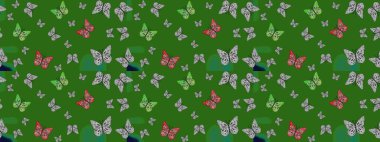 Farklı yönlere uçan renkli kelebek koleksiyonu. Kızlar, erkekler, elbiseler, duvar kağıtları için soyut çizim kalıpları. Raster illüstrasyonu.