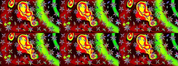 Çiçekli karalama şeklinde Raster çiçek deseni. Kibar, yaz çiçekleri kırmızı ve yeşil renklerde. Raster illüstrasyonu.