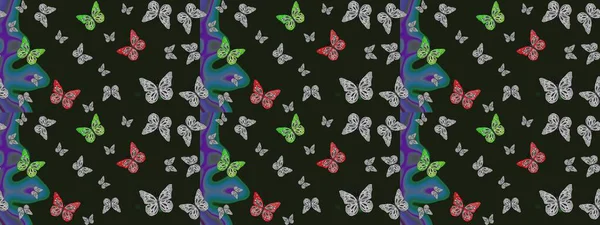 Renkli romantik kelebekler eskizler çiziyor. Dekoratif Raster çizimi. Elle çizilmiş kelebeklerle. Gri ve mavi renkler üzerine soyut arkaplan.