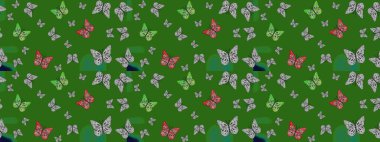 Farklı yönlere uçan renkli kelebek koleksiyonu. Kızlar, erkekler, elbiseler, duvar kağıtları için soyut çizim kalıpları. Raster illüstrasyonu.