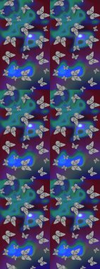 Renkli kelebeklerin eskiz geçmişi. Giysi tasarımı için mavi ve mor arka planda dekorasyon. Raster illüstrasyonu.