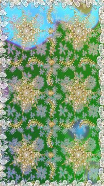 Altın elementlerle yeşil renklerde altın desen. Arkaplan, kumaş, altın duvar kağıdı. Raster altın pürüzsüz desen. Düz elle çizilmiş vintage koleksiyonu.