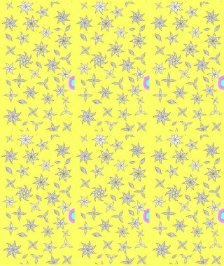 Sabıka fotoğraflarında, bebek kıyafetlerinde, duvar kâğıtlarında, paket kutularında falan kullanılabilir. Raster. Zarif, parlak ve eskiz sarı çiçek desenli.