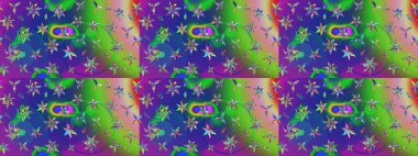 Çiçeksel çizim kalıbının yansıması. Vadinin çiçekleri yeşil ve mavi renklerde.