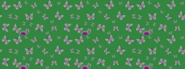 Raster Kelebekleri deseni. Soyut eskiz arka planı. Tropikal kelebeklerle yeşil ve gri renkli resimler. Duvar kağıtları, web sayfası arkaplanları, yüzey dokuları, tekstil için mükemmel..