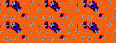 Şirin kelebek turuncu ve gri raster desenli. Giysi tasarımı için dekorasyon. Çizim.