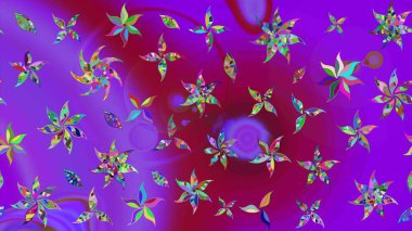 Raster illüstrasyonu. Menekşe rengi ve mor renkli şirin çiçekler. Küçük çiçekli basit bir çiçek çizimi. Moda baskısı, albüm, ambalaj kağıdı, duvar kağıdı için zarif dekoratif süslemeler..