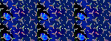 Kar tanelerinin soyut arkaplanlı Noel şablonu. Mavi, siyah ve yeşil renkler. Raster illüstrasyonu. Noel ve Yeni Yıl moda baskıları için tatil tasarımı.