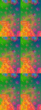 Çiçek desenli eskiz, yaz çiçekleri. Yeşil ve turuncu renkli çiçekler. Renkli Bahar Teması eskiz kalıbı. Düz Çiçek Elementleri Tasarımı.