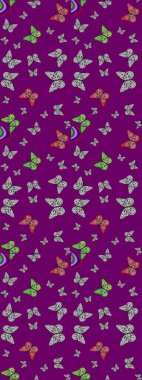 Mor ve gri arka planda güzel renkli bir kelebek. Sırtın için parlak bir dövme. Tropik gerçekçi kelebek. Kelebek tasviri. Raster..