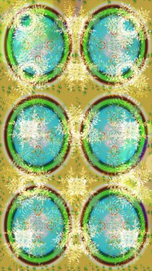 Kış konsepti Düz yatıyordu. Yeşil, sarı ve nötr renklerde kar tanelerinden oluşan kış deseni. Raster illüstrasyonu.