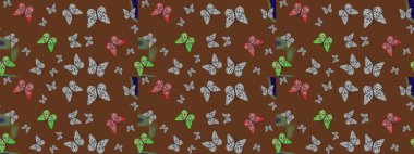 Kelebekli soyut çiçek arkaplanı çiz. Moda Kumaşı Tasarımı. Çizim, karalama, karalama. Sonsuz. Raster..