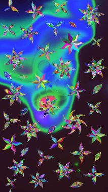 Vadinin çiçekleri kahverengi ve mavi renklerde. Çiçekler. Soyut etnik raster çizim kalıbı.