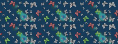 Raster Kelebekleri deseni. Soyut eskiz arka planı. Güzel bir kumaş tasarımı. Mavi ve gri renkler üzerine resim.