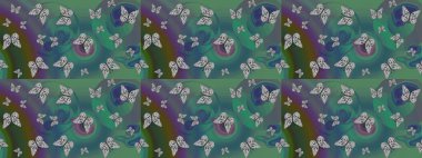 Çocuk kelebek çizim kalıbı. Kağıt, kumaş, ambalaj kağıdı ve duvar kâğıdı tasarımı için hoş bir arkaplan. Yeşil ve mavi renkli sanat kelebekleri. Raster..