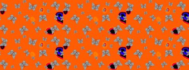 Renkli sevimli kelebek. Eskiz kalıbı arka planı. Turuncu ve gri renkli resimler. Yüzey dokuları, duvar kağıtları, web sayfası geçmişi, tekstil için mükemmel. Raster illüstrasyonu.