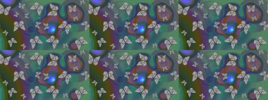 Kelebekli çizim şekli. Bahar ve yaz tasarımı için renkli bir arkaplan. Elle çizilmiş illüstrasyon. Raster renklendirilmiş sonsuz doku.