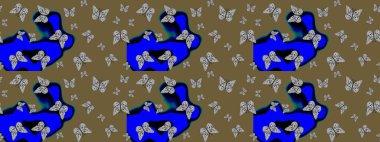 Kelebek deseni. Kahverengi ve mavi arkaplanda bir resim. Kumaş, tekstil, baskı ve davetiye örnekleri. Robot resim. Raster..
