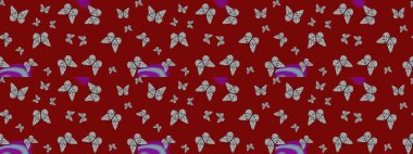 Kırmızı ve gri arka planda kelebek desenli çizim. Kumaş, kağıt, ambalaj kâğıdı ve duvar kağıdı tasarımı için hoş bir arka plan. Raster illüstrasyonu.