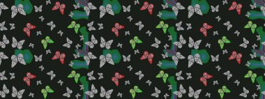 Raster Kelebekleri deseni. Soyut eskiz arka planı. Güzel bir kumaş tasarımı. Gri ve yeşil renkler üzerine resim.