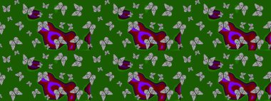 Yeşil ve gri renklerle ilgili çiçek desenli eskiz. Resimlerde tropik kelebekler görülür. Duvar kağıtları, web sayfası geçmişi, yüzey dokuları, tekstil için mükemmel. Raster..