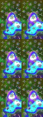 Çiçek desenli çizim. Mavi ve yeşil renkli Asya tekstili. Raster illüstrasyonu.