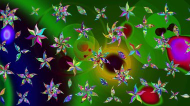 Asya tekstil tarzında. Raster illüstrasyonu. Çiçek desenli çizim. Raster illüstrasyonu. Yeşil ve siyah renkte çiçekler.