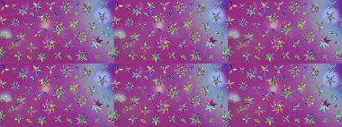 Şirin çiçekli eskiz deseni ve mor ve mavi renkli yapraklar, suluboya çiçek deseni, duvar kağıdı, kart ya da kumaş için fayanslı. Raster illüstrasyonu.