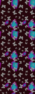 Kelebekli renkli folklor deseni. Paketleme, kağıt ve kumaş için uygun. Kahverengi ve gri arka planda renkli kelebekler.