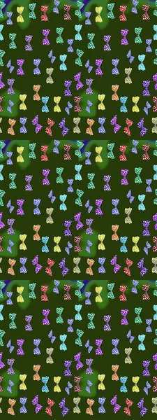 Yeşil ve nötr arka planda renkli kelebek koleksiyonu. Kağıt, kumaş ve ambalaj için uygun. Kart, baskı ve davetiye için basit kadınsı bir model. Robot resim. Raster illüstrasyonu.