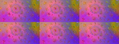 Parlak renkli çiçekleri ve mor ve pembe renkte yaprakları olan harika bir çiçek deseni. Moda baskıları için zarif bir şablon. Modern çiçek arkaplanı. Halk stili.