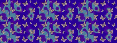 Bir sürü kelebek desenli çizim. Fantezi çizimi. Mavi ve mor renkli resimler. Erkekler, kızlar, kıyafetler, duvar kağıtları için soyut bir model. Raster..