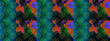 Raster illüstrasyonunda kusursuz çiçek deseni. Mavi, yeşil ve siyah renkte çiçekler.