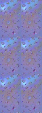 Çizim çiçek deseni duvar kâğıdı olarak kullanılabilir. Mor ve mavi renkte çiçekler. Raster illüstrasyonu.