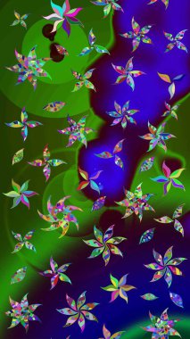 Yeşil ve mavi renkli etnik çiçekli zarif eskiz deseni. Raster Çiçek İllüstrasyonu güzel tekstil..