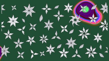 Parlak çiçekli yeşil ve nötr renkler üzerine soyut çizim deseni. Çiçeksel elementlerle süslenmiş zarif raster dokusu. Küçük çiçekte şirin bir çiçek deseni var..