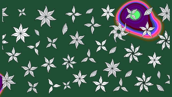 Parlak çiçekli yeşil ve nötr renkler üzerine soyut çizim deseni. Çiçeksel elementlerle süslenmiş zarif raster dokusu. Küçük çiçekte şirin bir çiçek deseni var..