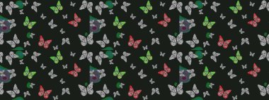 Çocuk kelebek çizim kalıbı. Çocuk için Raster Moda Kelebekleri duvar kağıdı. Gri ve yeşil arka planda güzel renkli kelebekler..