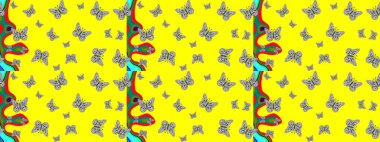 Güzel suluboya kelebekler. Sarı ve gri kelebek çizimi. Fantezi sevimli illüstrasyon. Kıyafetler, erkekler, kızlar ve duvar kağıtları için soyut çizim kalıbı. Raster illüstrasyonu.