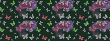 Watercolor Style 'da uçan kelebeklerle eskiz kalıbı. Doğadaki güzellik. Mavi ve gri renklerin çizimi. Kumaş, Tekstil, Baskı ve Davetiye için arka plan. Raster illüstrasyonu.