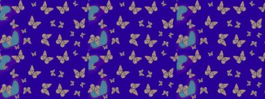 Mavi ve nötr arka planda kelebek desenli çizim. Kumaş, kağıt, ambalaj kâğıdı ve duvar kağıdı tasarımı için hoş bir arka plan. Raster illüstrasyonu.