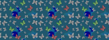 Doğa kelebeğinin yüksek kalitesi. Su rengi filtreleme efektiyle mavi ve gri üzerine resimler. Raster illüstrasyonu. Klasik tarzda..