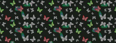 Renkli sevimli kelebek. Eskiz kalıbı arka planı. Gri ve yeşil renkli resimler. Yüzey dokuları, duvar kağıtları, web sayfası geçmişi, tekstil için mükemmel. Raster illüstrasyonu.
