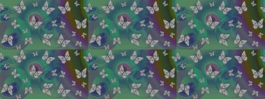 Çocuk kelebek çizim kalıbı. Kağıt, kumaş, ambalaj kağıdı ve duvar kâğıdı tasarımı için hoş bir arkaplan. Yeşil ve mavi renkli sanat kelebekleri. Raster..