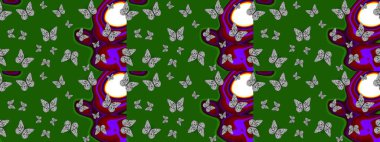 Egzotik Kelebekli Tropik çizim modeli. Moda Kumaşı Tasarımı. Yeşil ve gri renkli bir resim. Raster..