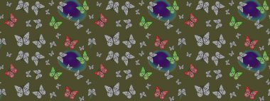 Yeşil ve gri lekeli güzel bir kelebek kumaşı. Bahar Kelebeği teması. Duvar kağıdı için böcek dokusunun tekrarı. Raster illüstrasyonu.