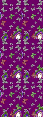 Kelebek görüntüsü. Raster illüstrasyonu. Basit bir şekilde. Tropik kelebek çizimi deseni mor ve gri renklerde. Çiz, çiz, çiz.