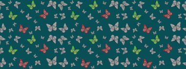 Kelebeklerle dolu renkli bir halk eskizi çizimi. Davetiye, kart ve parmak izi için basit şirin bir model. Mavi ve gri arka planda renkli kelebek.