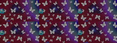 Kelebeklerle dolu renkli bir halk eskizi çizimi. Davetiye, kart ve parmak izi için basit şirin bir model. Kahverengi ve mor arka planda renkli bir kelebek.