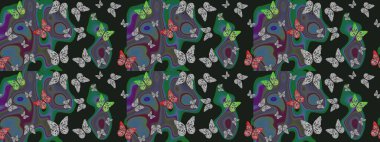 Gri ve yeşil soyut suluboya kelebekleri olan yumuşak bir deniz mavisi deseni. Yazdırmayı tekrarla. Sonsuz. Raster illüstrasyonu.